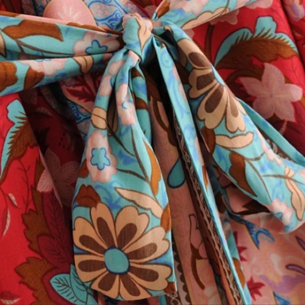 Bohemian Red Floral Gypsy Kimono Long Maxi Dress - Picture 12 of 16